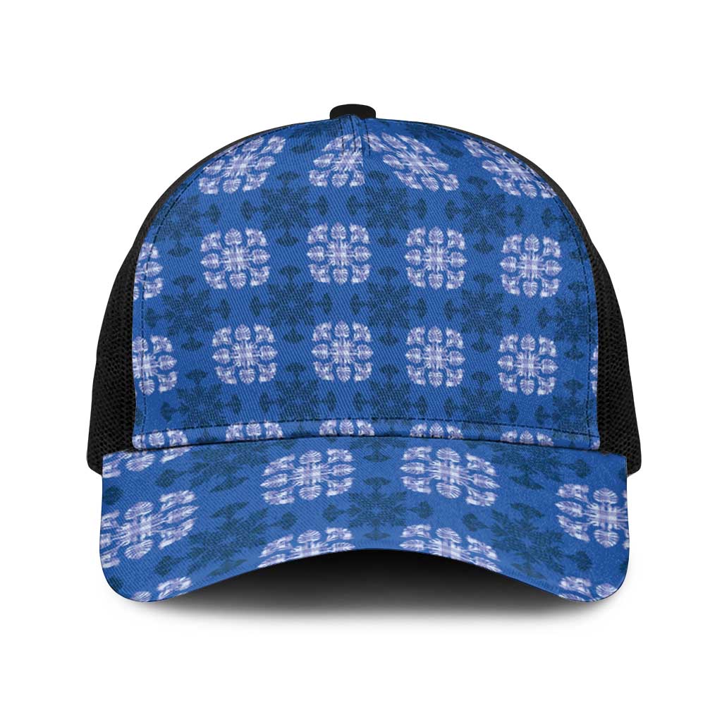Royal Blue Hawaiian Quilt Baseball Net Cap Hawaii Pineapple Monstera Palaka Motifs - Polynesian Pride
