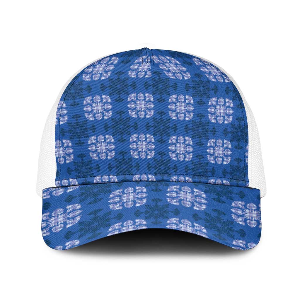 Royal Blue Hawaiian Quilt Baseball Net Cap Hawaii Pineapple Monstera Palaka Motifs - Polynesian Pride