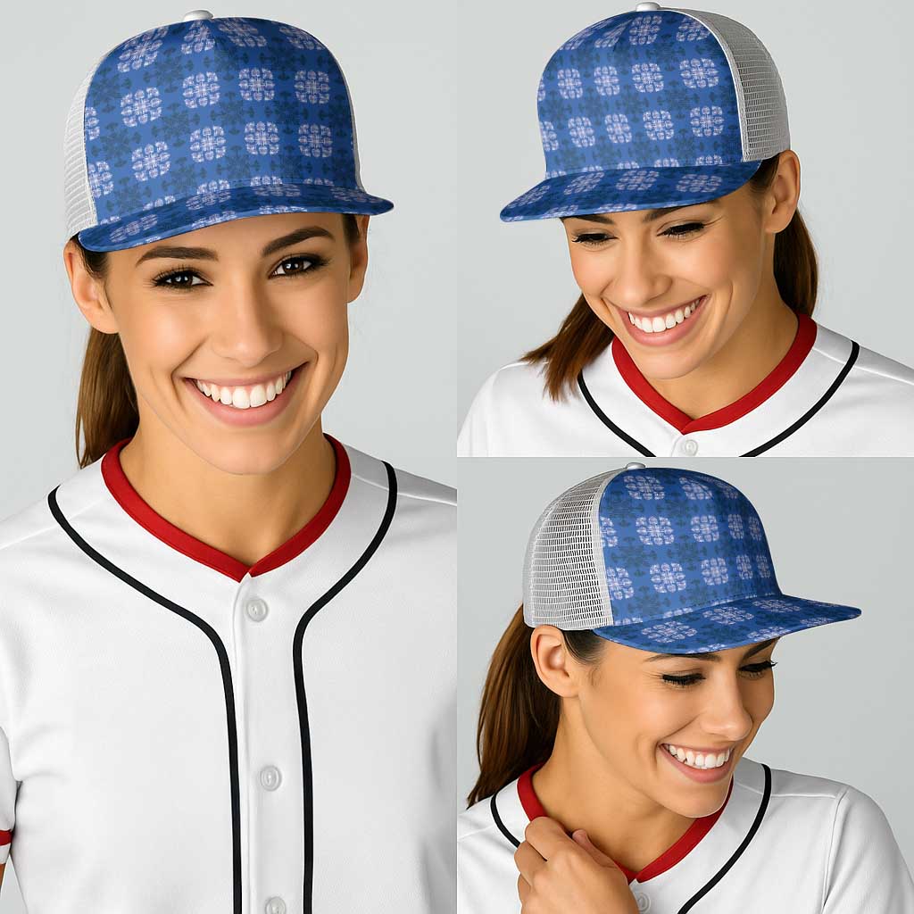 Royal Blue Hawaiian Quilt Baseball Net Cap Hawaii Pineapple Monstera Palaka Motifs - Polynesian Pride