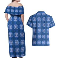 Royal Blue Hawaiian Quilt Couples Matching Off Shoulder Maxi Dress and Hawaiian Shirt Hawaii Pineapple Monstera Palaka Motifs LT14 - Polynesian Pride