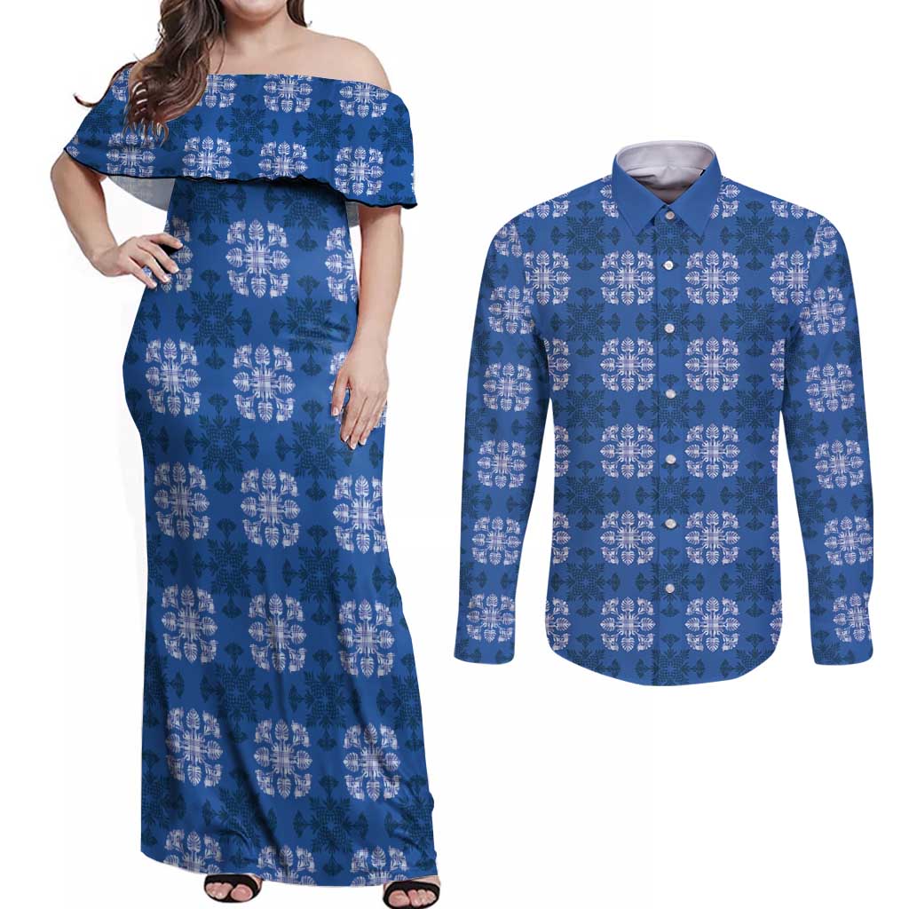 Royal Blue Hawaiian Quilt Couples Matching Off Shoulder Maxi Dress and Long Sleeve Button Shirt Hawaii Pineapple Monstera Palaka Motifs LT14 Royal Blue - Polynesian Pride
