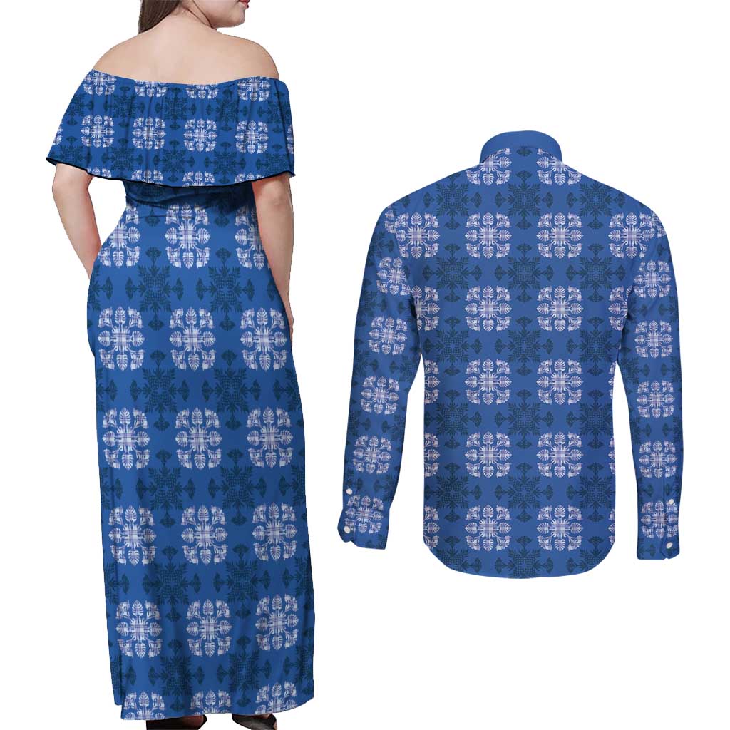 Royal Blue Hawaiian Quilt Couples Matching Off Shoulder Maxi Dress and Long Sleeve Button Shirt Hawaii Pineapple Monstera Palaka Motifs LT14 - Polynesian Pride