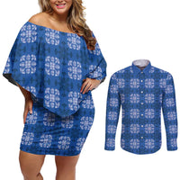 Royal Blue Hawaiian Quilt Couples Matching Off Shoulder Short Dress and Long Sleeve Button Shirt Hawaii Pineapple Monstera Palaka Motifs LT14 Royal Blue - Polynesian Pride