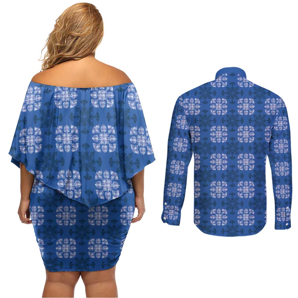 Royal Blue Hawaiian Quilt Couples Matching Off Shoulder Short Dress and Long Sleeve Button Shirt Hawaii Pineapple Monstera Palaka Motifs LT14 - Polynesian Pride