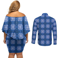 Royal Blue Hawaiian Quilt Couples Matching Off Shoulder Short Dress and Long Sleeve Button Shirt Hawaii Pineapple Monstera Palaka Motifs LT14 - Polynesian Pride