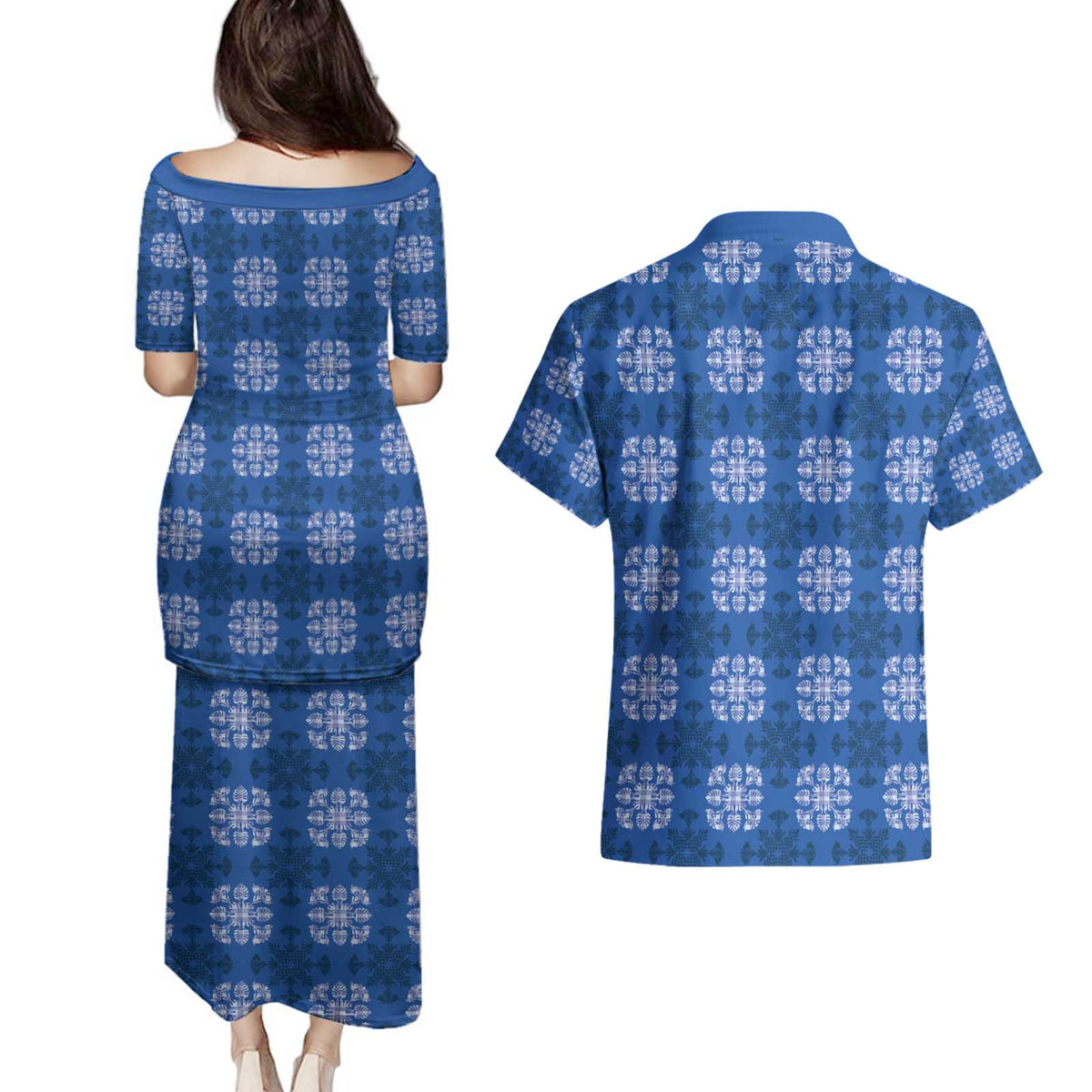 Royal Blue Hawaiian Quilt Couples Matching Puletasi and Hawaiian Shirt Hawaii Pineapple Monstera Palaka Motifs LT14 - Polynesian Pride