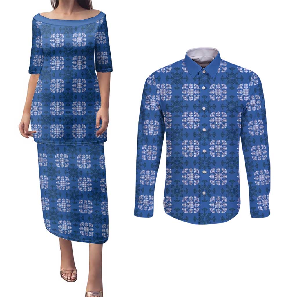 Royal Blue Hawaiian Quilt Couples Matching Puletasi and Long Sleeve Button Shirt Hawaii Pineapple Monstera Palaka Motifs LT14 Royal Blue - Polynesian Pride