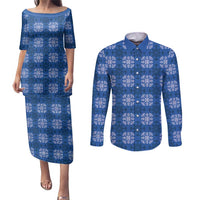 Royal Blue Hawaiian Quilt Couples Matching Puletasi and Long Sleeve Button Shirt Hawaii Pineapple Monstera Palaka Motifs LT14 Royal Blue - Polynesian Pride