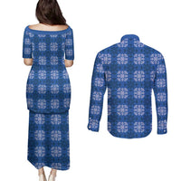 Royal Blue Hawaiian Quilt Couples Matching Puletasi and Long Sleeve Button Shirt Hawaii Pineapple Monstera Palaka Motifs LT14 - Polynesian Pride