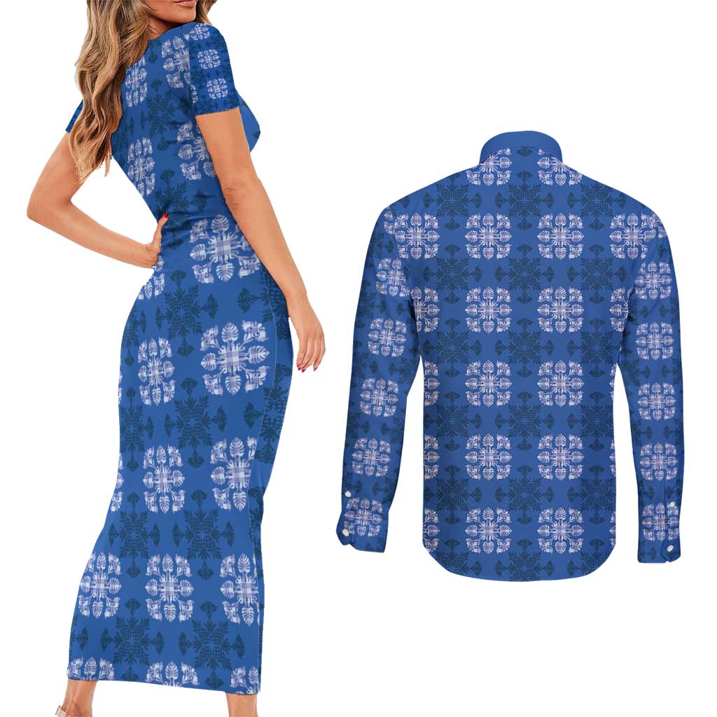 Royal Blue Hawaiian Quilt Couples Matching Short Sleeve Bodycon Dress and Long Sleeve Button Shirt Hawaii Pineapple Monstera Palaka Motifs LT14 - Polynesian Pride
