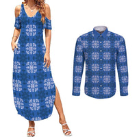 Royal Blue Hawaiian Quilt Couples Matching Summer Maxi Dress and Long Sleeve Button Shirt Hawaii Pineapple Monstera Palaka Motifs LT14 Royal Blue - Polynesian Pride