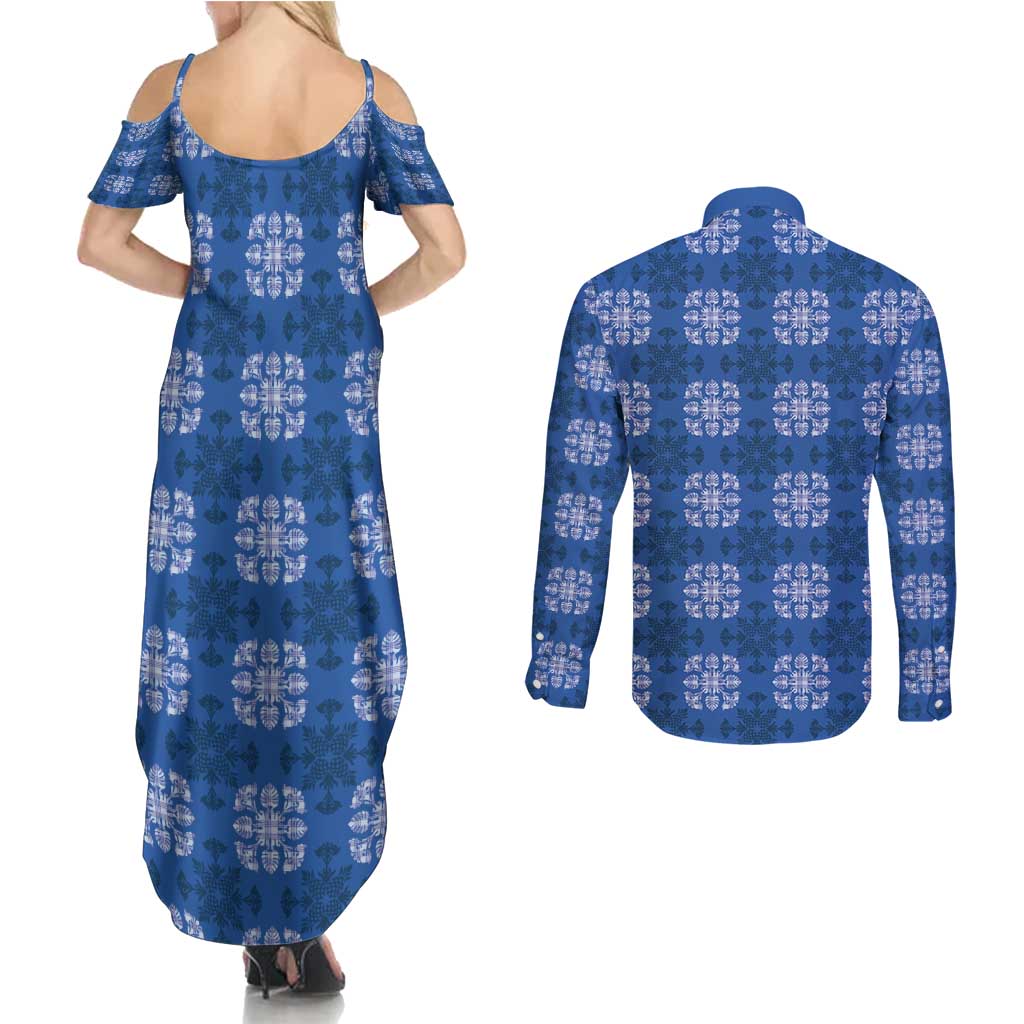 Royal Blue Hawaiian Quilt Couples Matching Summer Maxi Dress and Long Sleeve Button Shirt Hawaii Pineapple Monstera Palaka Motifs LT14 - Polynesian Pride