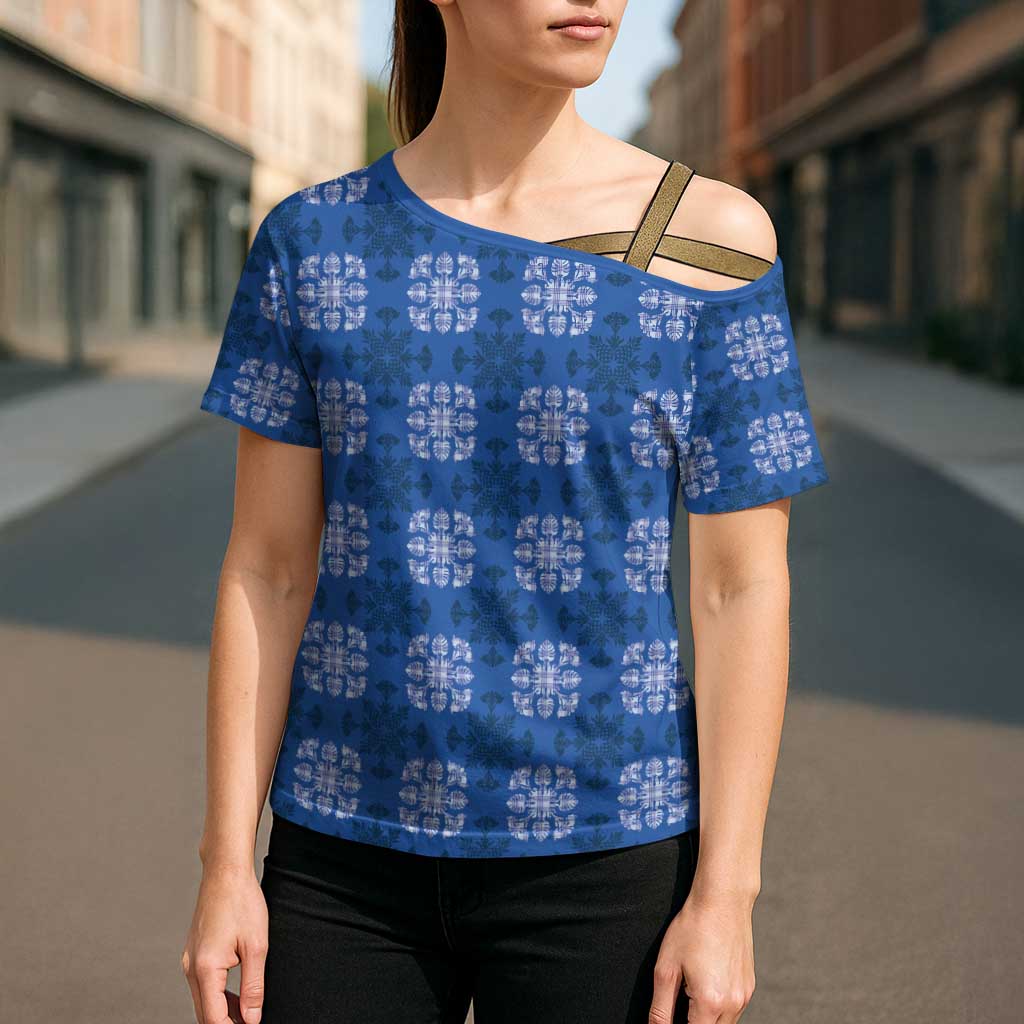 Royal Blue Hawaiian Quilt Cross Shoulder Shirt Hawaii Pineapple Monstera Palaka Motifs - Polynesian Pride
