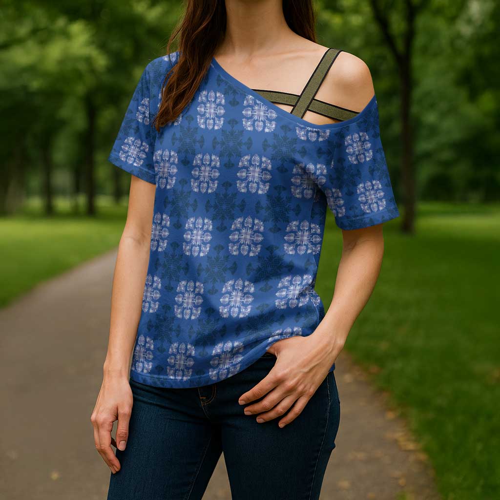 Royal Blue Hawaiian Quilt Cross Shoulder Shirt Hawaii Pineapple Monstera Palaka Motifs - Polynesian Pride