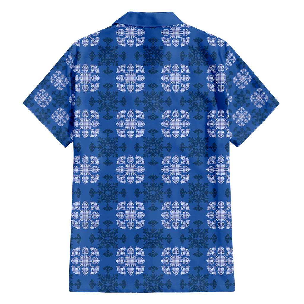 Royal Blue Hawaiian Quilt Family Matching Long Sleeve Bodycon Dress and Hawaiian Shirt Hawaii Pineapple Monstera Palaka Motifs LT14 - Polynesian Pride