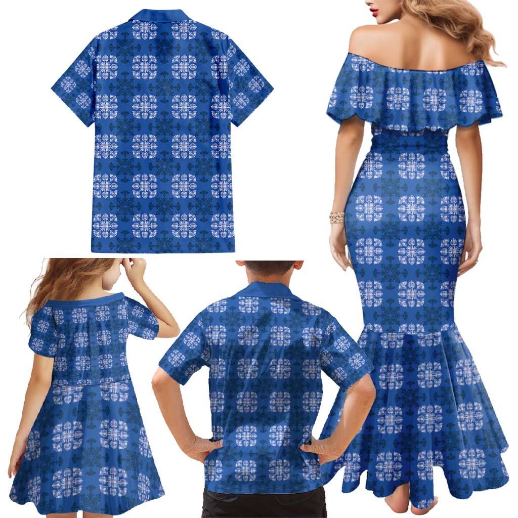 Royal Blue Hawaiian Quilt Family Matching Mermaid Dress and Hawaiian Shirt Hawaii Pineapple Monstera Palaka Motifs LT14 - Polynesian Pride