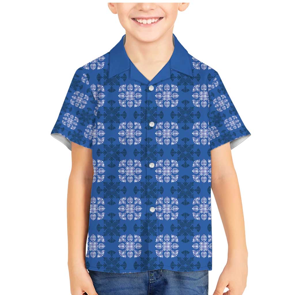 Royal Blue Hawaiian Quilt Family Matching Mermaid Dress and Hawaiian Shirt Hawaii Pineapple Monstera Palaka Motifs LT14 Son's Shirt Royal Blue - Polynesian Pride
