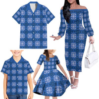Royal Blue Hawaiian Quilt Family Matching Off The Shoulder Long Sleeve Dress and Hawaiian Shirt Hawaii Pineapple Monstera Palaka Motifs LT14 - Polynesian Pride