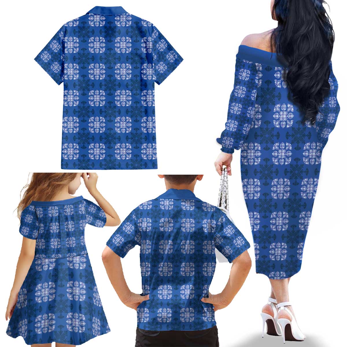 Royal Blue Hawaiian Quilt Family Matching Off The Shoulder Long Sleeve Dress and Hawaiian Shirt Hawaii Pineapple Monstera Palaka Motifs LT14 - Polynesian Pride