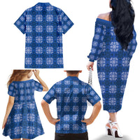 Royal Blue Hawaiian Quilt Family Matching Off The Shoulder Long Sleeve Dress and Hawaiian Shirt Hawaii Pineapple Monstera Palaka Motifs LT14 - Polynesian Pride