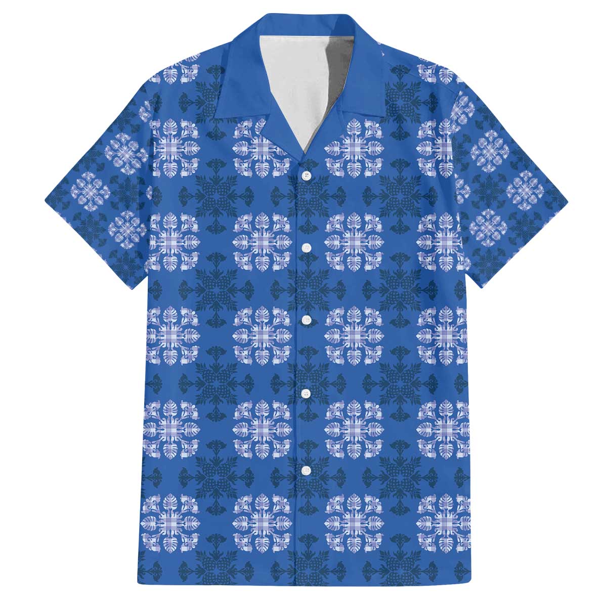 Royal Blue Hawaiian Quilt Family Matching Off The Shoulder Long Sleeve Dress and Hawaiian Shirt Hawaii Pineapple Monstera Palaka Motifs LT14 Dad's Shirt - Short Sleeve Royal Blue - Polynesian Pride