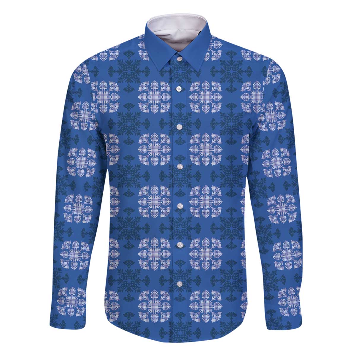 Royal Blue Hawaiian Quilt Family Matching Off The Shoulder Long Sleeve Dress and Hawaiian Shirt Hawaii Pineapple Monstera Palaka Motifs LT14 Dad's Shirt - Long Sleeve Royal Blue - Polynesian Pride