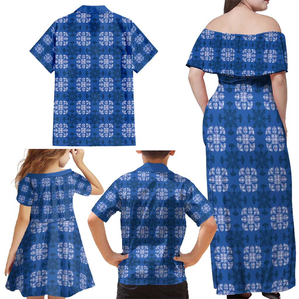 Royal Blue Hawaiian Quilt Family Matching Off Shoulder Maxi Dress and Hawaiian Shirt Hawaii Pineapple Monstera Palaka Motifs LT14 - Polynesian Pride