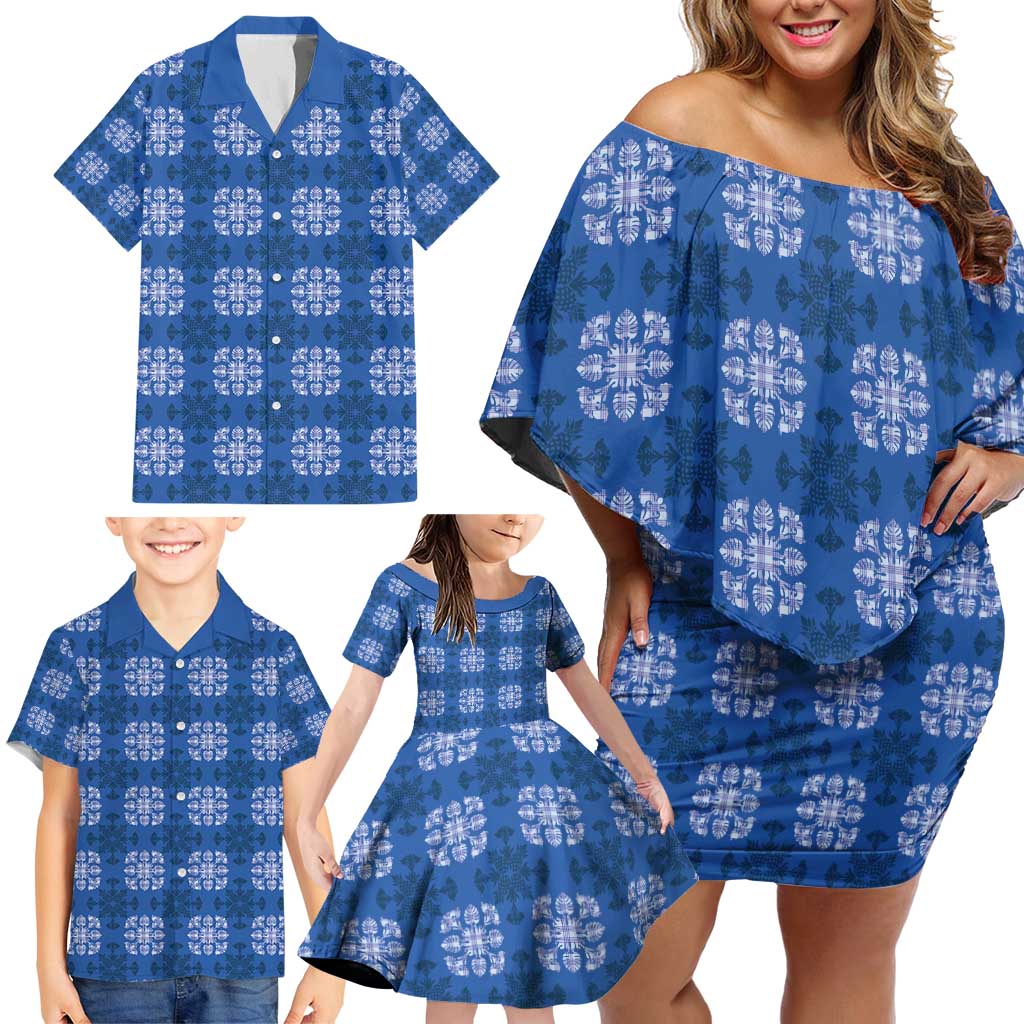 Royal Blue Hawaiian Quilt Family Matching Off Shoulder Short Dress and Hawaiian Shirt Hawaii Pineapple Monstera Palaka Motifs LT14 - Polynesian Pride