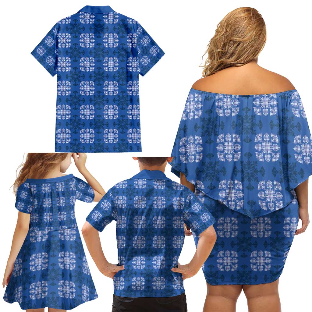 Royal Blue Hawaiian Quilt Family Matching Off Shoulder Short Dress and Hawaiian Shirt Hawaii Pineapple Monstera Palaka Motifs LT14 - Polynesian Pride