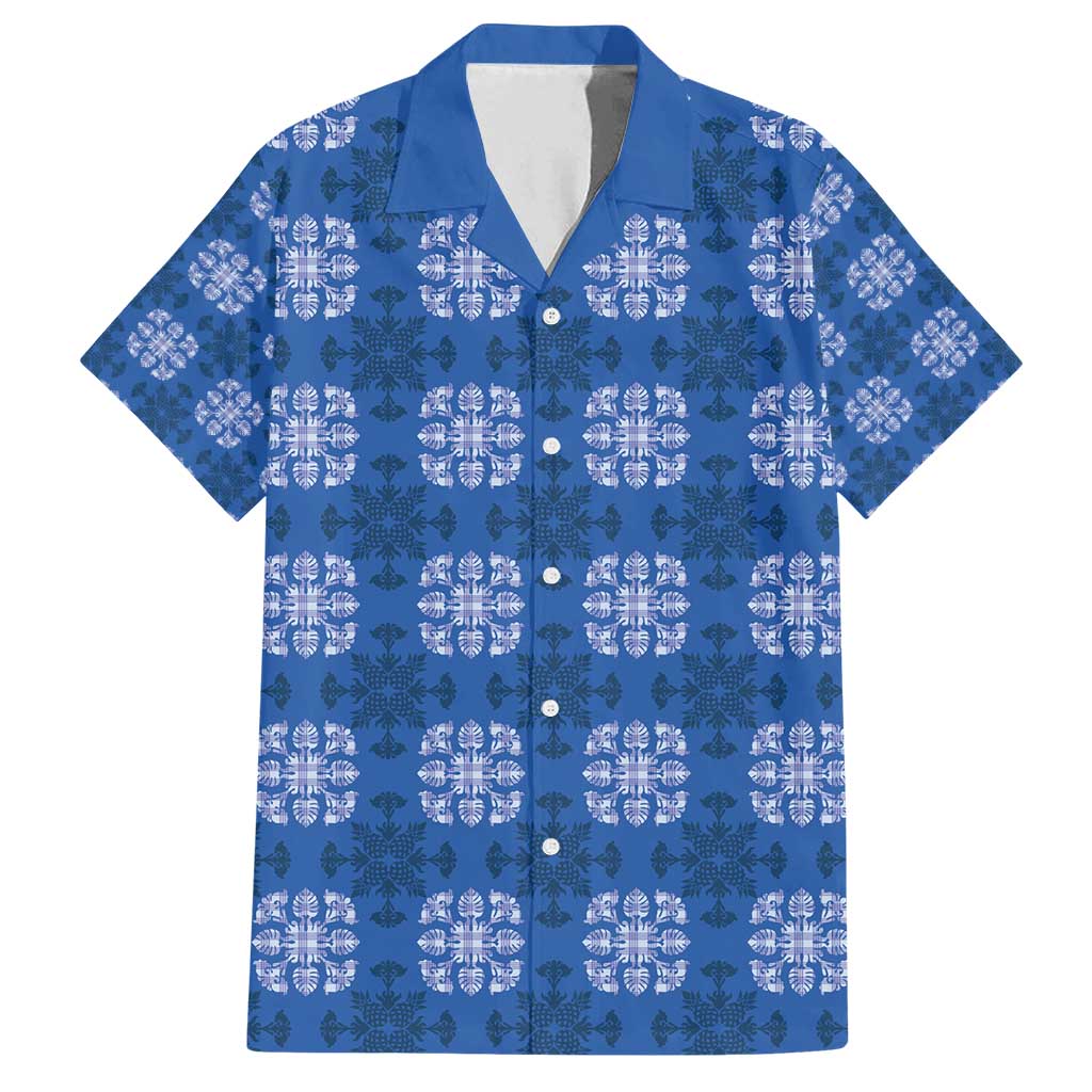 Royal Blue Hawaiian Quilt Family Matching Off Shoulder Short Dress and Hawaiian Shirt Hawaii Pineapple Monstera Palaka Motifs LT14 Dad's Shirt - Short Sleeve Royal Blue - Polynesian Pride