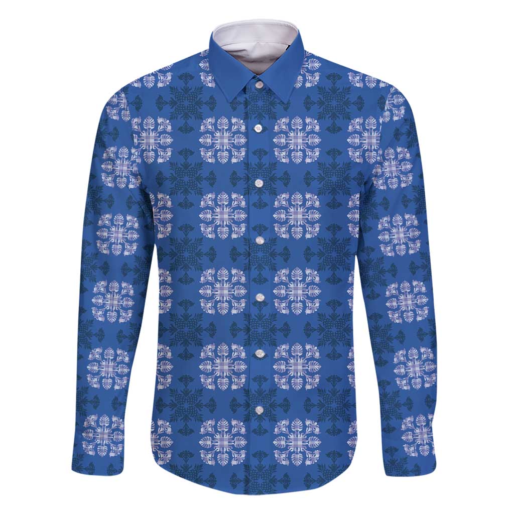 Royal Blue Hawaiian Quilt Family Matching Off Shoulder Short Dress and Hawaiian Shirt Hawaii Pineapple Monstera Palaka Motifs LT14 Dad's Shirt - Long Sleeve Royal Blue - Polynesian Pride