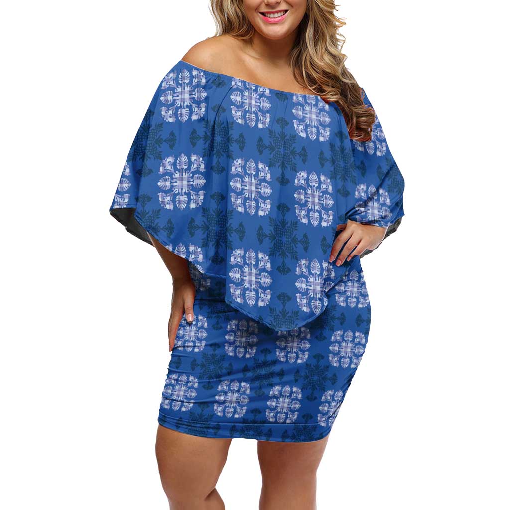 Royal Blue Hawaiian Quilt Family Matching Off Shoulder Short Dress and Hawaiian Shirt Hawaii Pineapple Monstera Palaka Motifs LT14 Mom's Dress Royal Blue - Polynesian Pride
