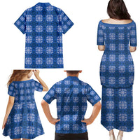 Royal Blue Hawaiian Quilt Family Matching Puletasi and Hawaiian Shirt Hawaii Pineapple Monstera Palaka Motifs LT14 - Polynesian Pride