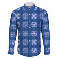 Royal Blue Hawaiian Quilt Family Matching Puletasi and Hawaiian Shirt Hawaii Pineapple Monstera Palaka Motifs LT14 Dad's Shirt - Long Sleeve Royal Blue - Polynesian Pride