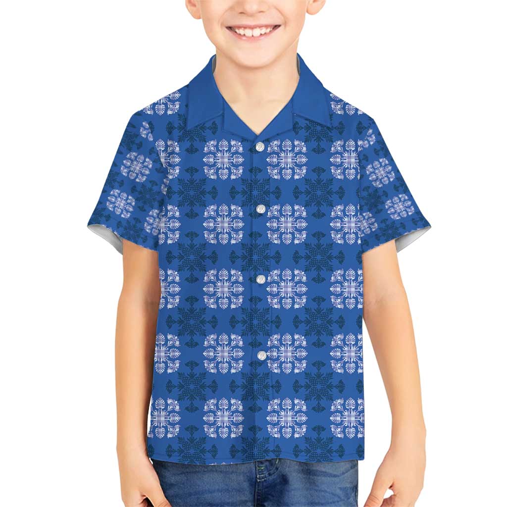 Royal Blue Hawaiian Quilt Family Matching Puletasi and Hawaiian Shirt Hawaii Pineapple Monstera Palaka Motifs LT14 Son's Shirt Royal Blue - Polynesian Pride