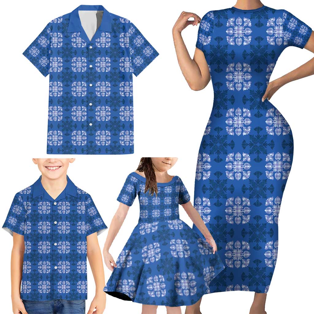 Royal Blue Hawaiian Quilt Family Matching Short Sleeve Bodycon Dress and Hawaiian Shirt Hawaii Pineapple Monstera Palaka Motifs LT14 - Polynesian Pride