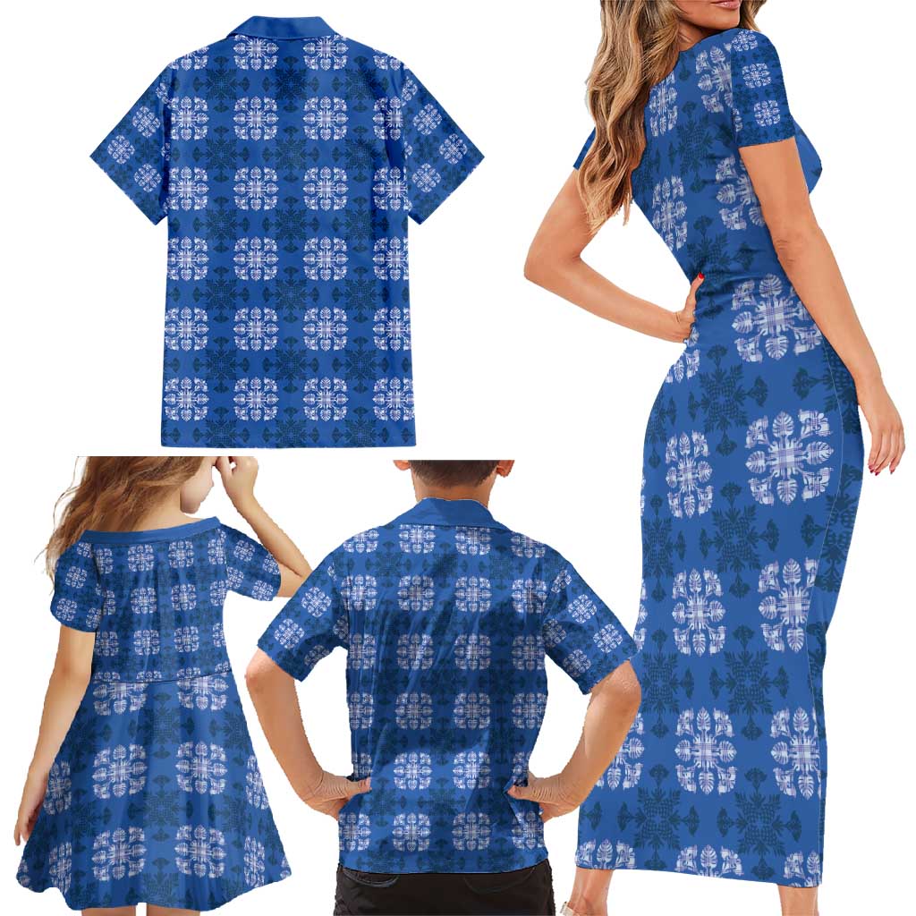 Royal Blue Hawaiian Quilt Family Matching Short Sleeve Bodycon Dress and Hawaiian Shirt Hawaii Pineapple Monstera Palaka Motifs LT14 - Polynesian Pride