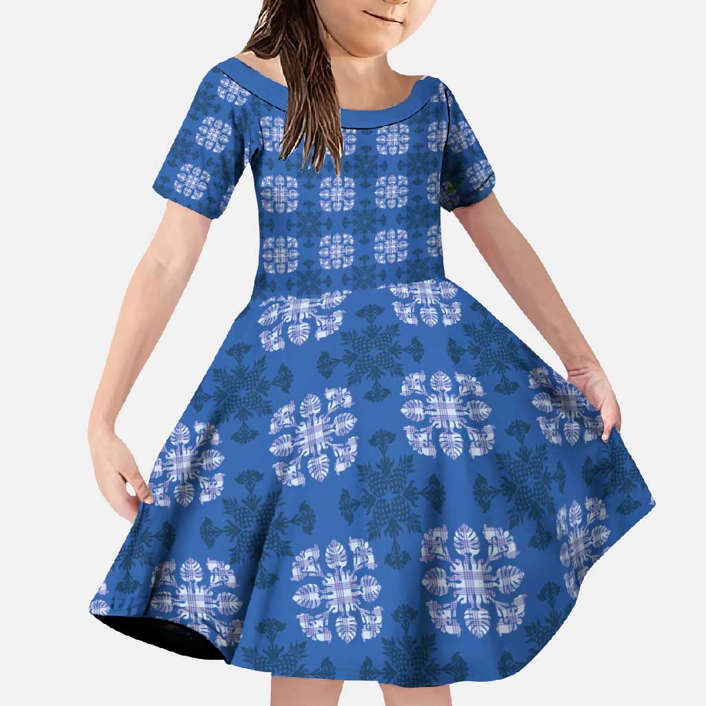 Royal Blue Hawaiian Quilt Family Matching Summer Maxi Dress and Hawaiian Shirt Hawaii Pineapple Monstera Palaka Motifs LT14 Daughter's Dress Royal Blue - Polynesian Pride