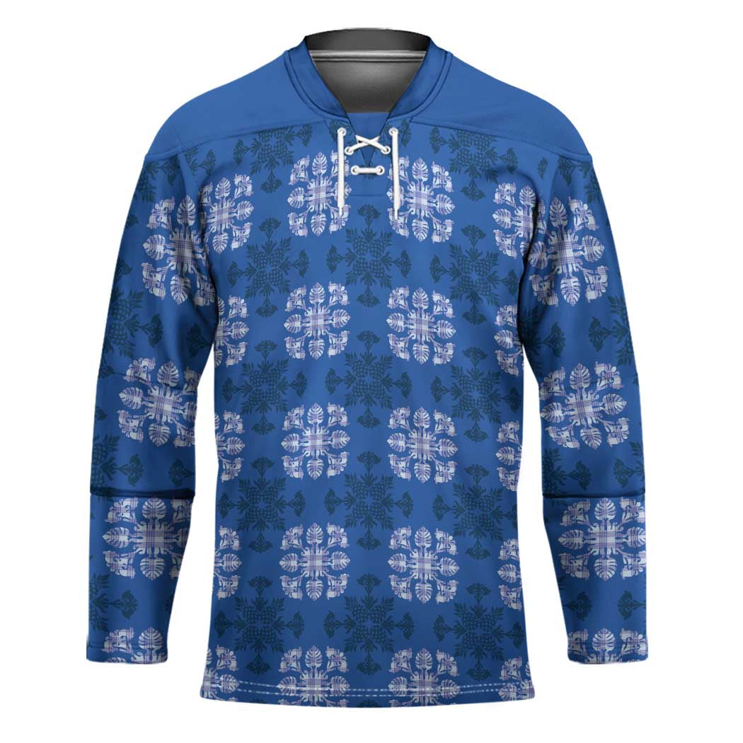 Royal Blue Hawaiian Quilt Hockey Jersey Hawaii Pineapple Monstera Palaka Motifs - Polynesian Pride