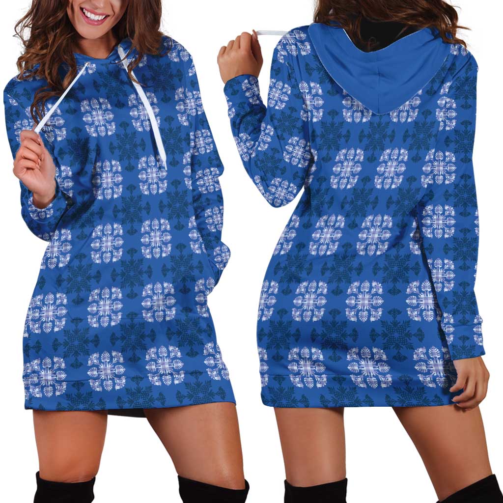 Royal Blue Hawaiian Quilt Hoodie Dress Hawaii Pineapple Monstera Palaka Motifs LT14 - Polynesian Pride