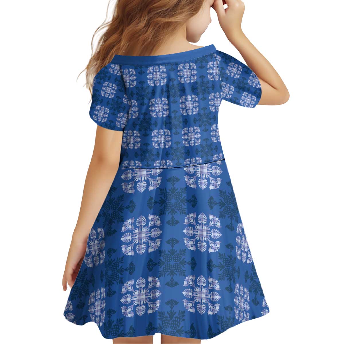 Royal Blue Hawaiian Quilt Kid Short Sleeve Dress Hawaii Pineapple Monstera Palaka Motifs LT14 - Polynesian Pride