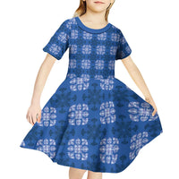 Royal Blue Hawaiian Quilt Kid Short Sleeve Dress Hawaii Pineapple Monstera Palaka Motifs LT14 - Polynesian Pride