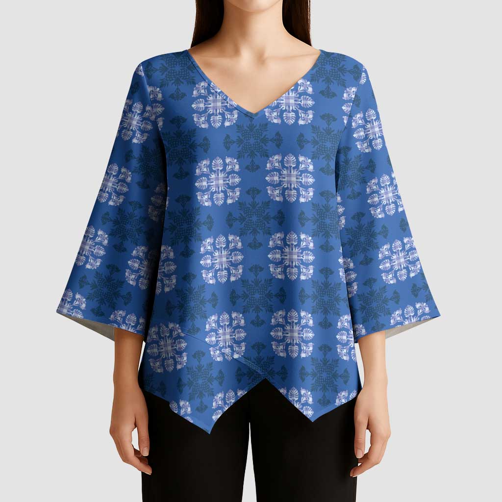 Royal Blue Hawaiian Quilt Kimono Sleeve Blouse Hawaii Pineapple Monstera Palaka Motifs - Polynesian Pride