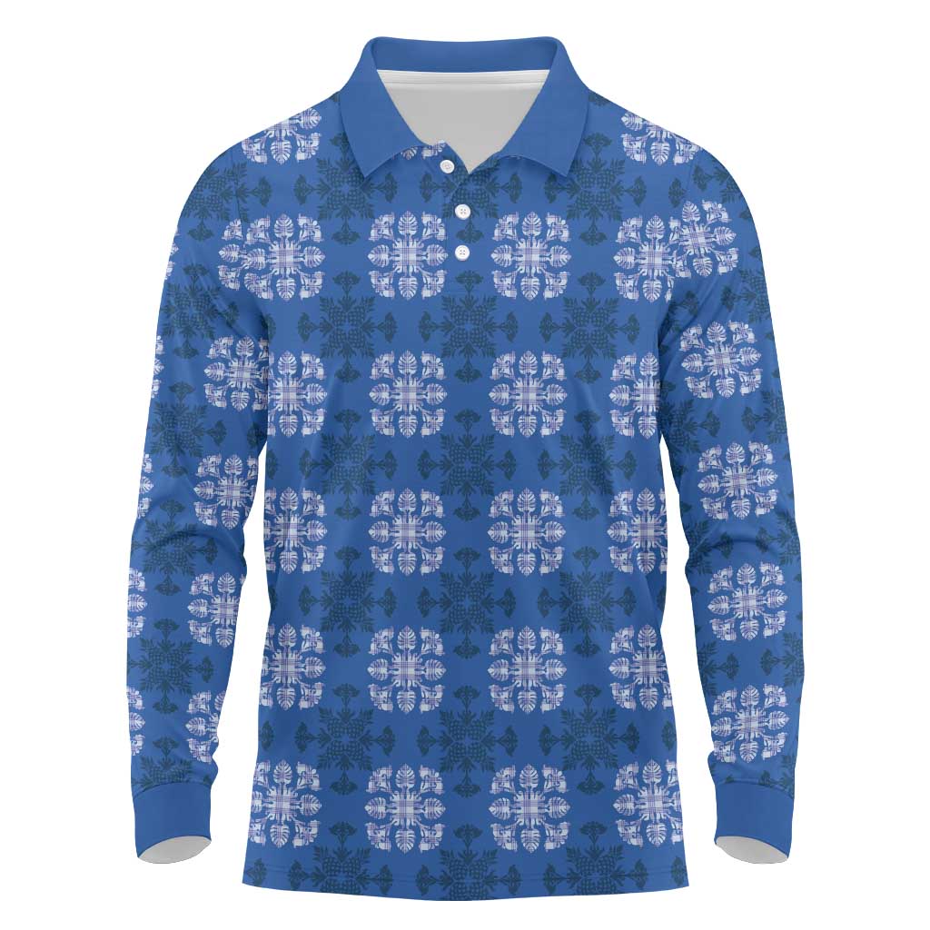 Royal Blue Hawaiian Quilt Long Sleeve Polo Shirt Hawaii Pineapple Monstera Palaka Motifs LT14 Royal Blue - Polynesian Pride