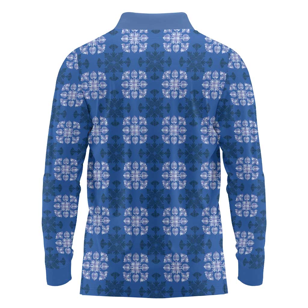 Royal Blue Hawaiian Quilt Long Sleeve Polo Shirt Hawaii Pineapple Monstera Palaka Motifs LT14 - Polynesian Pride