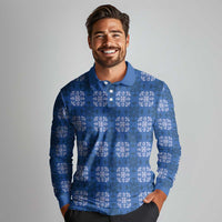 Royal Blue Hawaiian Quilt Long Sleeve Polo Shirt Hawaii Pineapple Monstera Palaka Motifs LT14 - Polynesian Pride