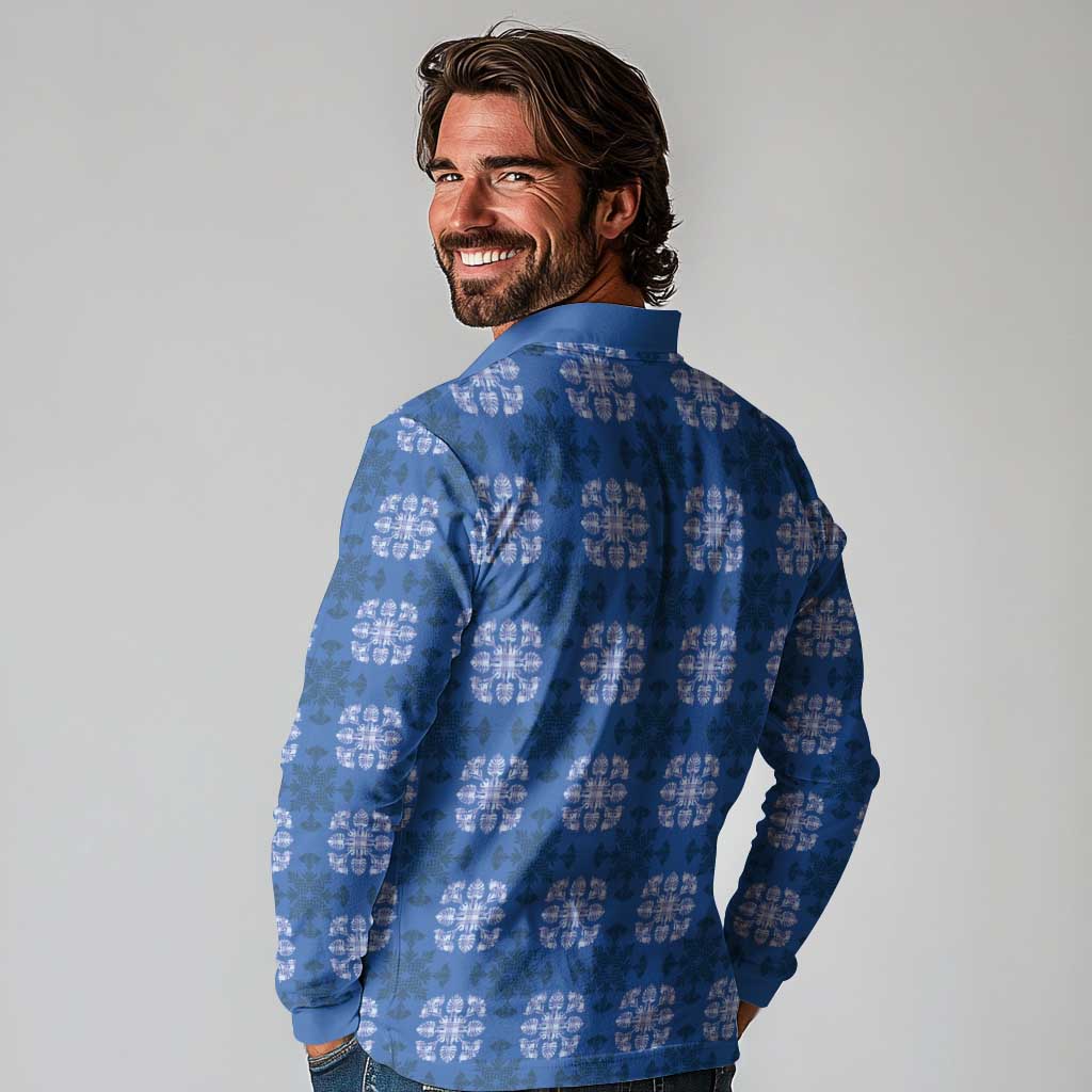 Royal Blue Hawaiian Quilt Long Sleeve Polo Shirt Hawaii Pineapple Monstera Palaka Motifs LT14 - Polynesian Pride