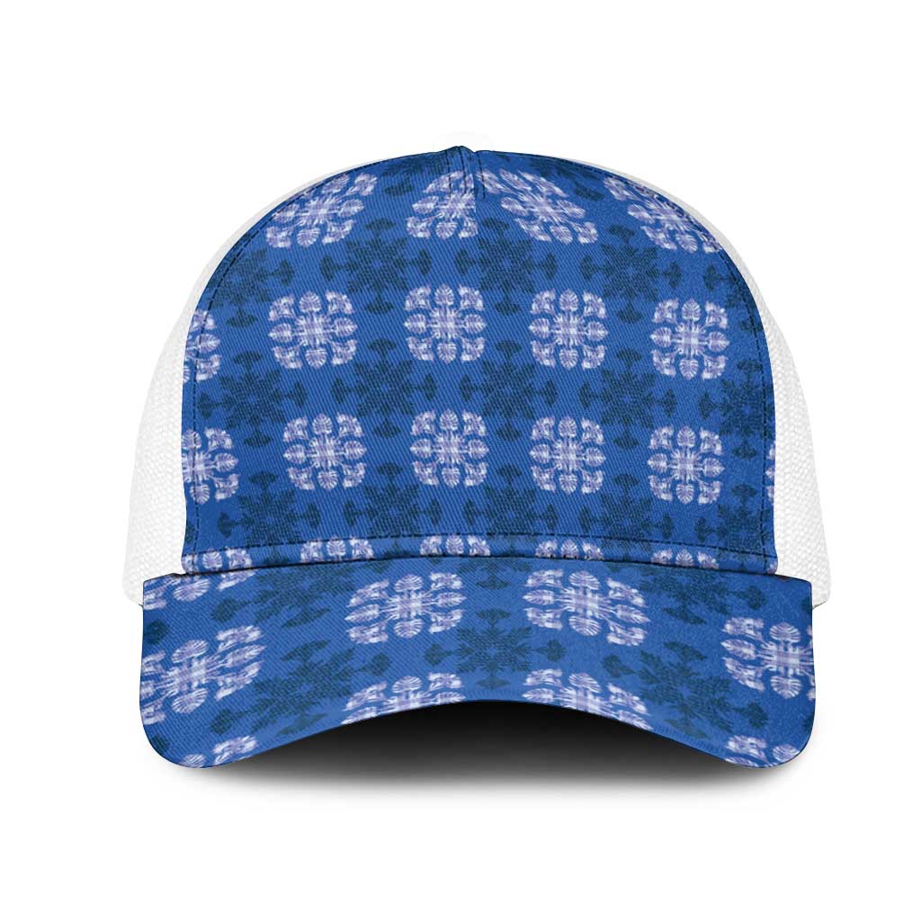 Royal Blue Hawaiian Quilt Mesh Trucker Cap Hawaii Pineapple Monstera Palaka Motifs - Polynesian Pride