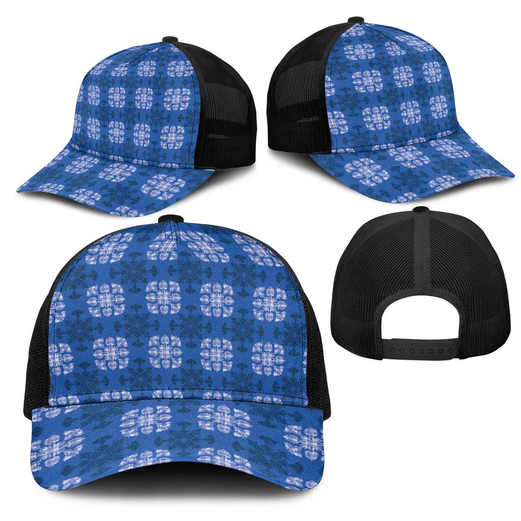 Royal Blue Hawaiian Quilt Mesh Trucker Cap Hawaii Pineapple Monstera Palaka Motifs - Polynesian Pride