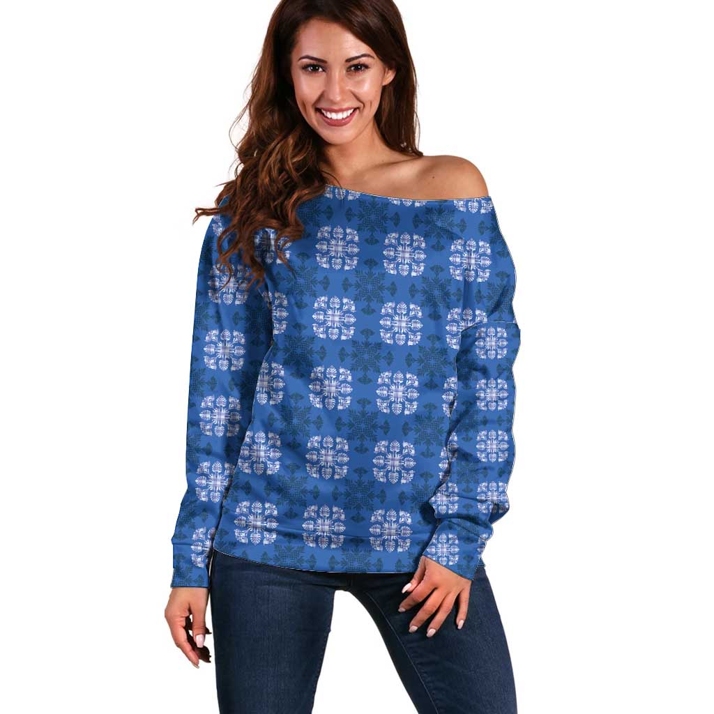 Royal Blue Hawaiian Quilt Off Shoulder Sweater Hawaii Pineapple Monstera Palaka Motifs - Polynesian Pride
